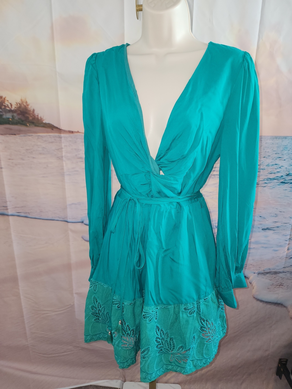 Teal Long Sleeve Wrap Dress with Lace-Trim Skirt